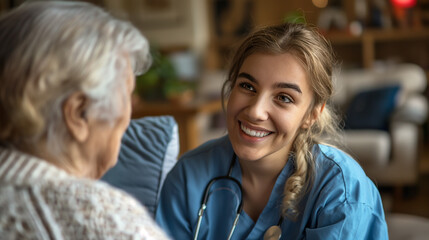 A home health care worker assists an elderly woman in her home	
