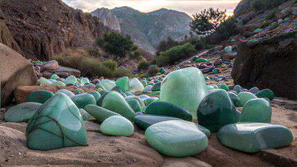 Raw Jade Deposits Scattered in Mountain Landscape, Natural Green Gemstones
