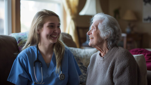 A home health care worker assists an elderly woman in her home	
