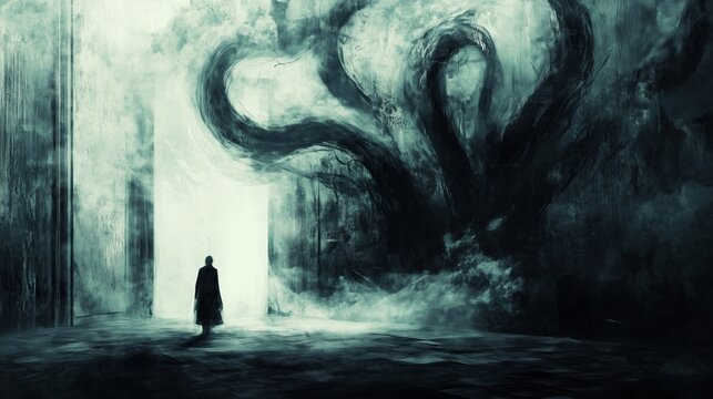 A mysterious figure stands before a swirling dark entity in an eerie environment, evoking a sense of dread and wonder