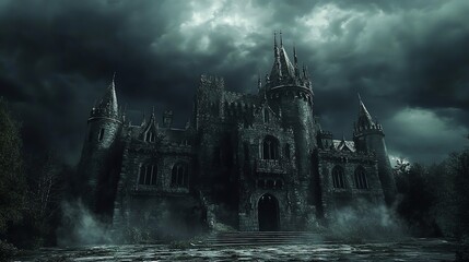 Fototapeta premium A dark and mysterious castle with a dramatic sky.