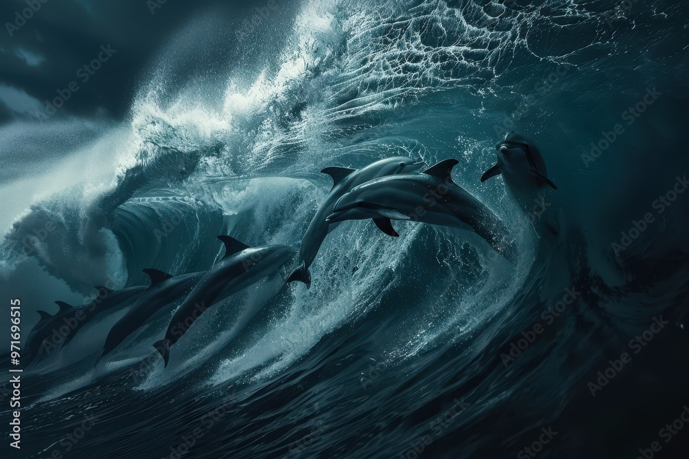 Poster dolphins playfully leaping through crashing ocean waves under moody skies at dawn, creating a magica
