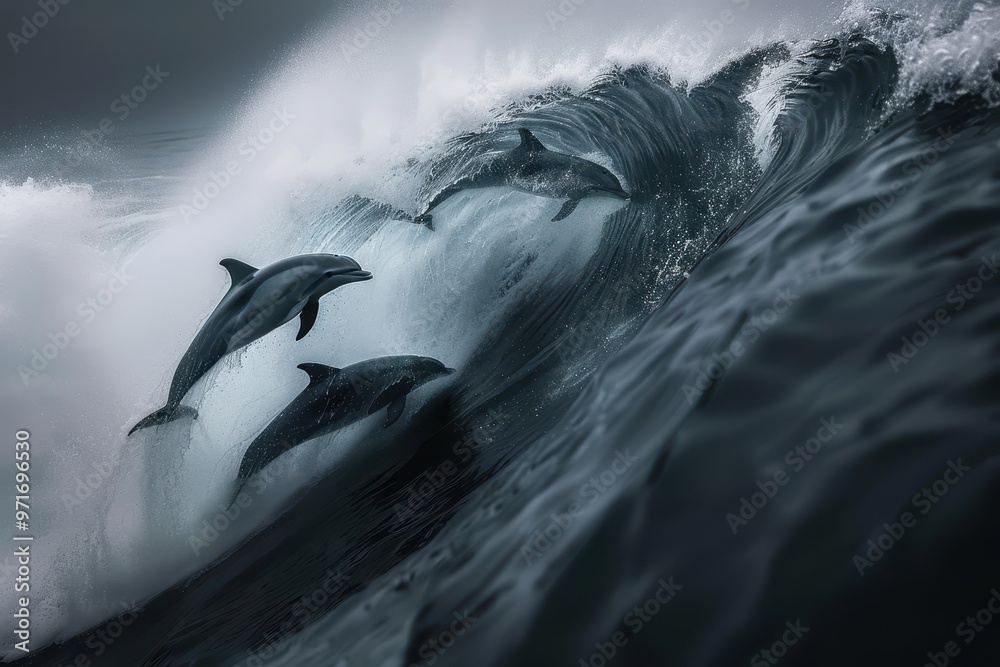 Poster dolphins playfully leaping through crashing ocean waves under moody skies at dawn, creating a magica