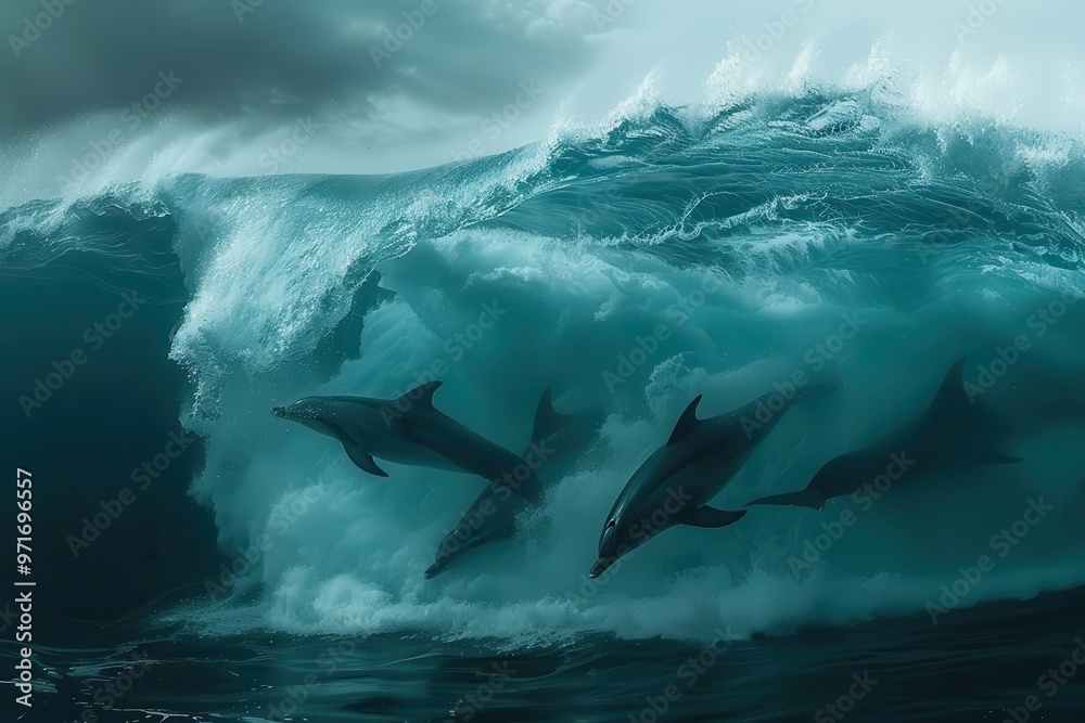 Poster dolphins playfully leaping through crashing ocean waves under moody skies at dawn, creating a magica