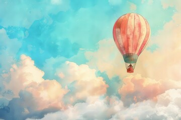 Fototapeta premium A colorful hot air balloon floats gracefully among fluffy clouds in a bright sky during sunset, capturing the serene beauty of an enchanting aerial adventure