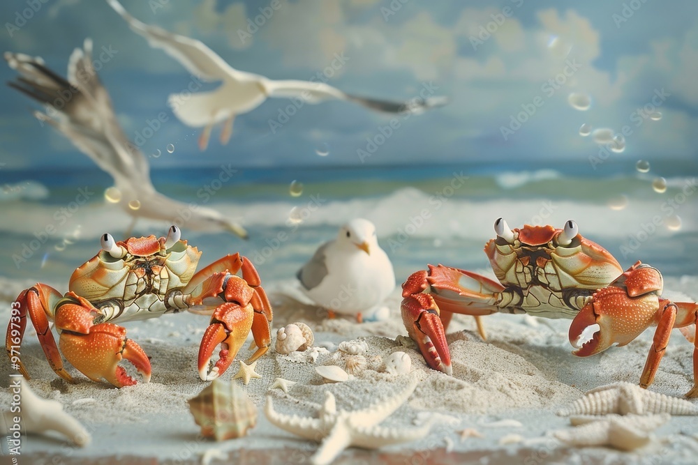 Poster Two crabs on the beach in front of a seagull with ocean waves and seashells during a sunny day with a clear sky