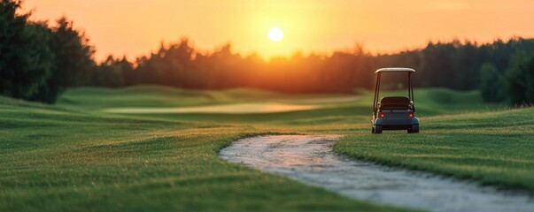 A serene golf course at sunset, featuring a lone golf cart winding along the path, embraced by lush greenery and warm light.