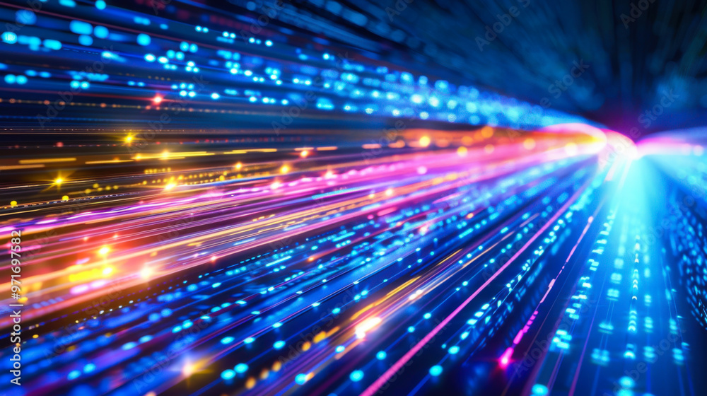 Aufkleber Bright light trails and particles create a dynamic, abstract representation of a digital environment.