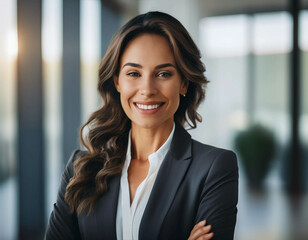 Fototapeta premium A confident businesswoman in a sharp suit, smiling in front of a modern office background. N