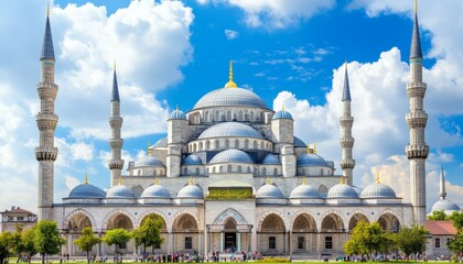 Fototapeta premium Magnificent Blue Mosque in Istanbul, Turkey An Architectural Marvel Under a Cloudy Blue Sky