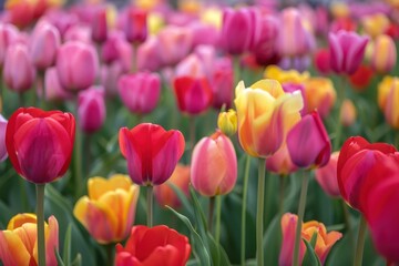 Fototapeta premium A vibrant garden filled with blooming tulips in various colors during a sunny spring afternoon highlights the beauty of nature's seasonal display