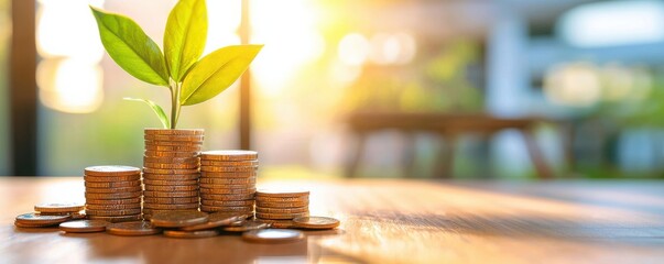 A young plant growing from a stack of coins, symbolizing financial growth and investment in sustainable development.