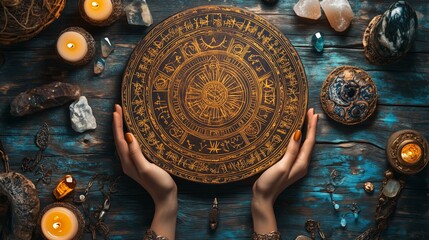 Astrological wheel held by hands surrounded by crystals and candles on a wooden table in a dimly lit room