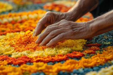 A close-up of hands carefully placing fresh flowers to create a vibrant and intricate floral Rangoli.