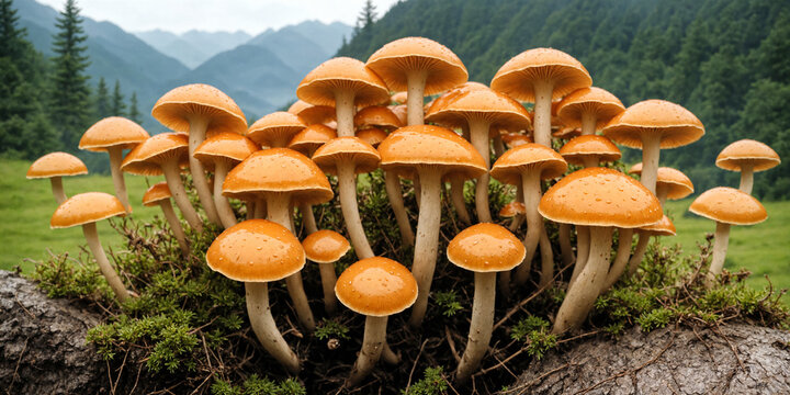 Psychedelic Psilocybin Mushrooms Golden Teacher on Mycelium Block, Close-Up. Raw Psilocybe Mushrooms Growing in Natural Environment. Smart Drug, medicine of the future