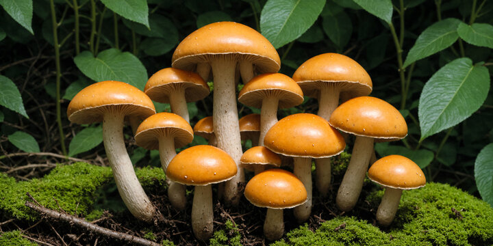 Psychedelic Psilocybin Mushrooms Golden Teacher on Mycelium Block, Close-Up. Raw Psilocybe Mushrooms Growing in Natural Environment. Smart Drug, medicine of the future