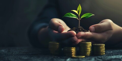 A realistic image showing hands safeguarding a small plant growing from a coin stack, highlighting the concept of financial care and investment growth.