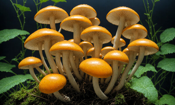 Psychedelic Psilocybin Mushrooms Golden Teacher on Mycelium Block, Close-Up. Raw Psilocybe Mushrooms Growing in Natural Environment. Smart Drug, medicine of the future