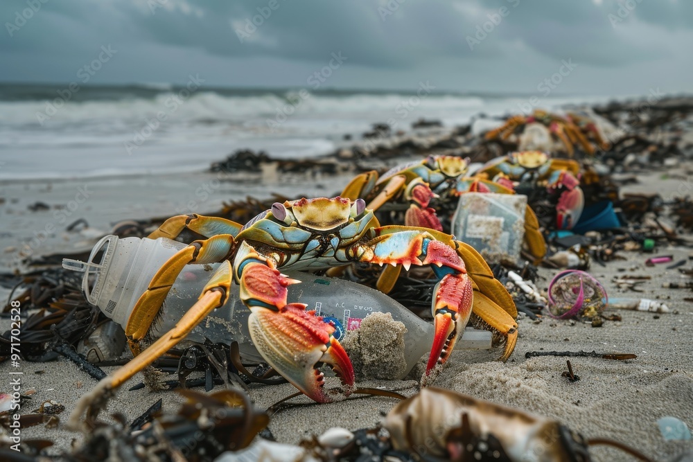 Poster a group of crabs navigates a beach littered with plastic waste, illustrating the impact of pollution