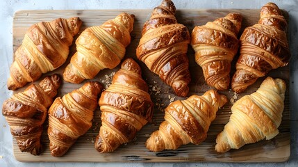 Freshly Baked Croissants Displayed on Wooden Board, Bakery Delight
