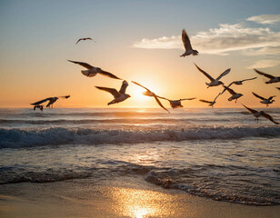 A flock of seagulls flying low over calm ocean waves at sunrise, with the horizon