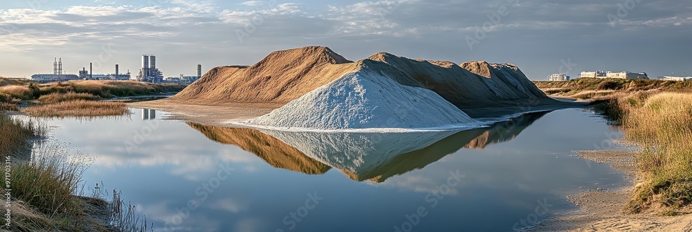 Wall mural serene lake, sandy mound in the background, clear blue water, distant cityscape, rolling hills, partly cloudy sky, peaceful landscape, tranquil setting, warm tones, reflection on water
