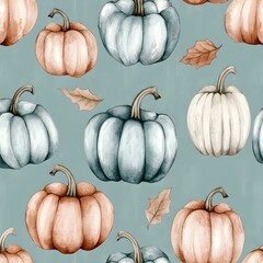 Watercolor Seamless Pattern with Pumpkins and Leaves