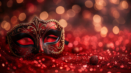 Elegant red carnival mask with golden decorations on a shiny red fabric with sparkling bokeh background