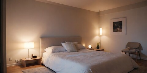Elegant Modern Bedroom Interior with Neutral Tones and Artistic Wall Decor - Perfect for Home Design Inspiration