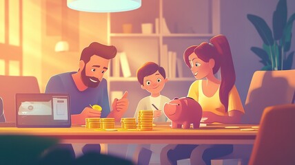Family saving money together at home. Financial planning and budgeting concept illustration.