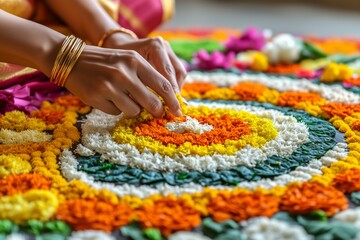 Fototapeta premium A close-up of hands carefully placing fresh flowers to create a vibrant and intricate floral Rangoli.