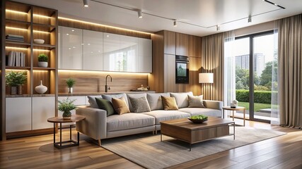 Fototapeta premium Domestic and cozy interior of living room with sofa, plants, shelf, coffee table, boucle rug, mock up poster frame, side table, plant and elegant decoration Beige wall. Home decor. Template