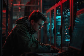 A young technician works diligently on computer servers in a dimly lit data center, highlighting their focus during late-night maintenance in a high-tech environment