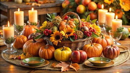 Beautiful Thanksgiving table arrangement with pumpkins, candles, and a colorful centerpiece in a rustic setting
