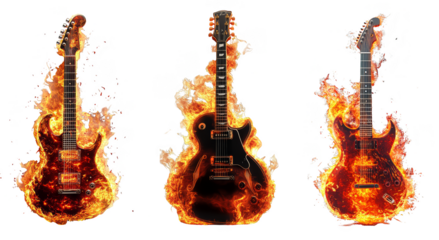 Electric guitars engulfed in flames rock and roll music concept transparent background