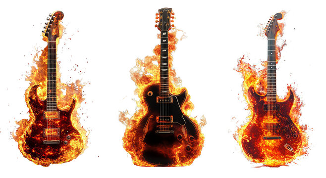 Electric guitars engulfed in flames rock and roll music concept transparent background