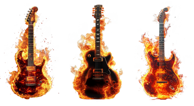 Electric guitars engulfed in flames rock and roll music concept transparent background