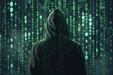 A mysterious figure in a dark hoodie stands in front of glowing data streams, reflecting a digital world filled with numbers and codes during a night scene