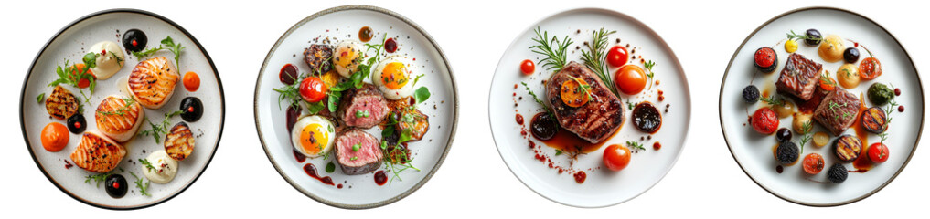 Gourmet plates with various foods fine dining and culinary presentation transparent background