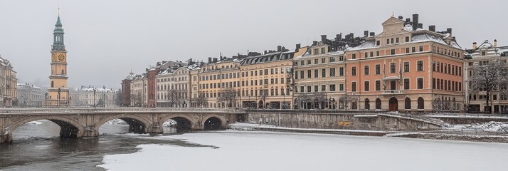Naklejka premium Winter Cityscape Snow Covered Historic Buildings, Bridges, And A Frozen River In Stockholm, Sweden