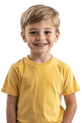 Smiling Boy in Yellow Shirt on White Background