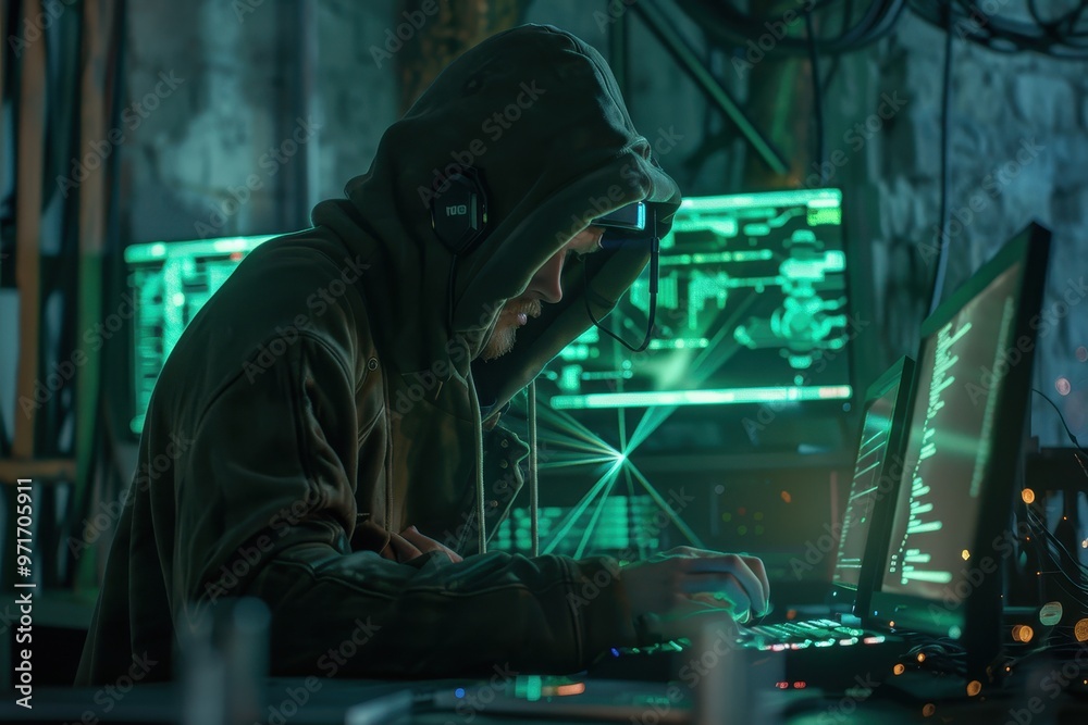 Leinwandbilder a focused individual works on multiple computer screens in a dimly lit environment, engaged in codin