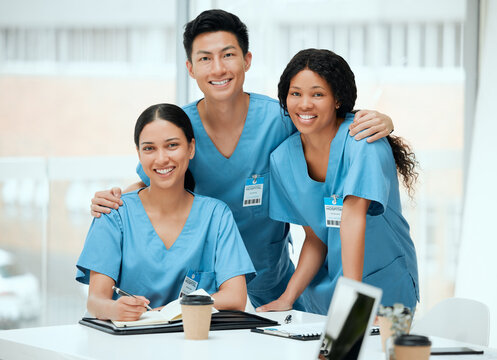 People, medical student and happy on portrait on teamwork, collaboration and strategy. Diversity, internship program and smile or proud with meeting for group work and assignment at hospital