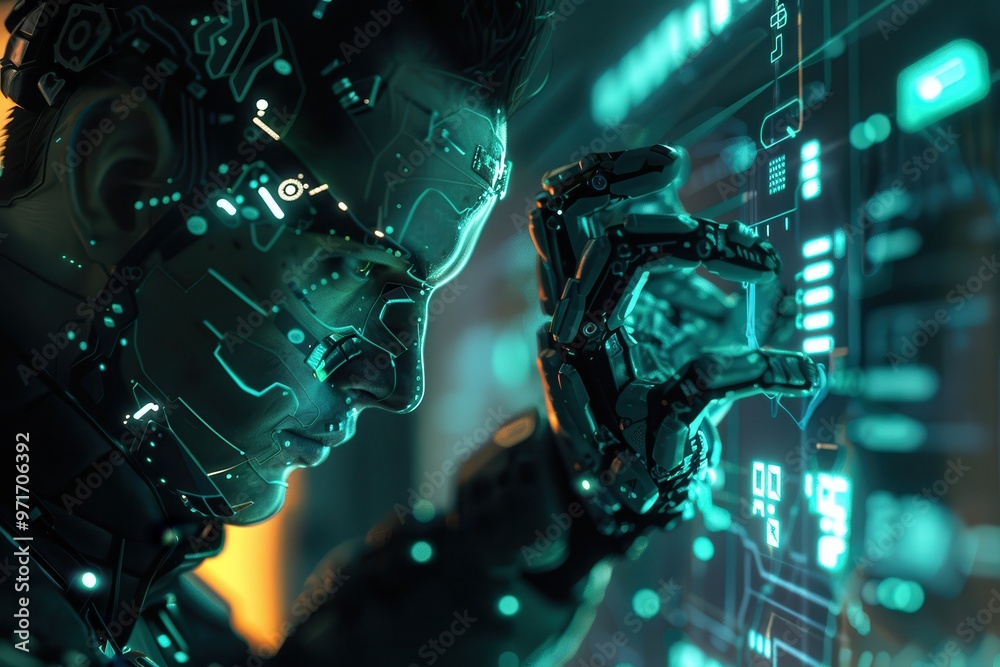 Aufkleber A detailed view of a futuristic humanoid robot with intricate technology highlights and glowing blue eye features in a high-tech environment