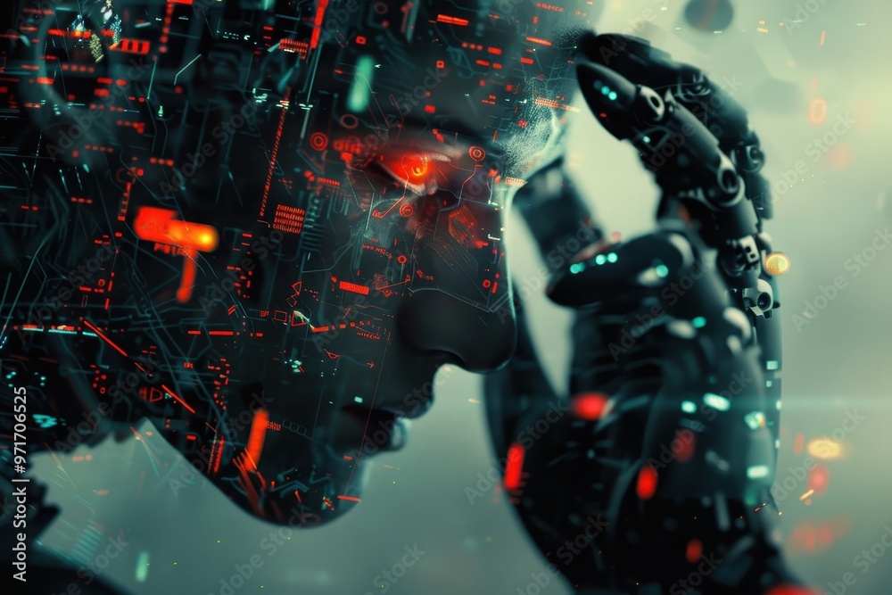 Leinwandbilder A detailed view of a futuristic humanoid robot with intricate technology highlights and glowing blue eye features in a high-tech environment