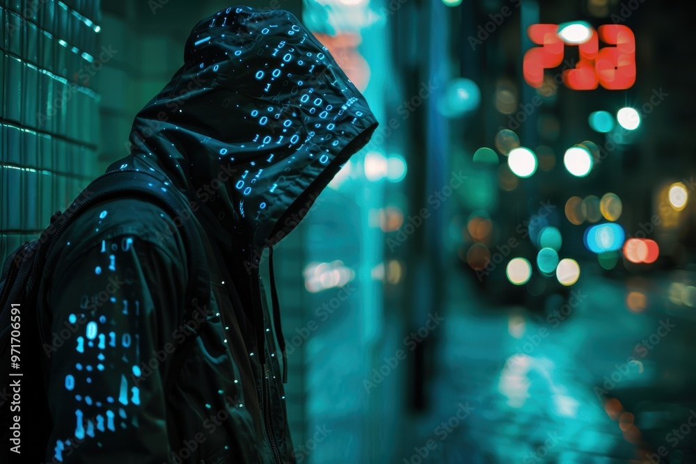 Aufkleber a figure wearing a mask types on a keyboard surrounded by glowing screens in a dimly lit room, portr