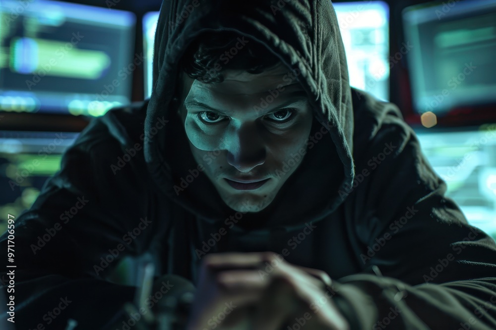 Poster a figure wearing a mask types on a keyboard surrounded by glowing screens in a dimly lit room, portr