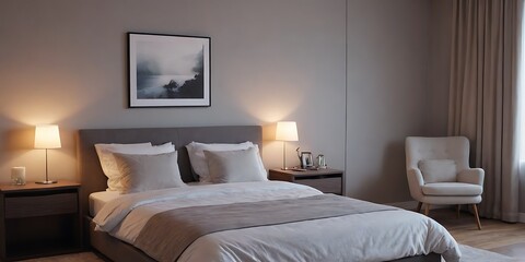 Elegant Modern Bedroom Interior with Neutral Tones and Artistic Wall Decor - Perfect for Home Design Inspiration