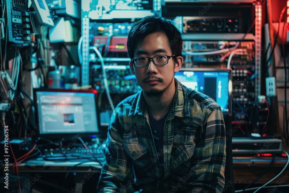 Leinwandbilder a focused individual coding in a dimly lit room illuminated by colorful led lights during the late h