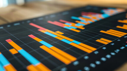 Colorful bar chart displaying fluctuating data trends on a wooden table